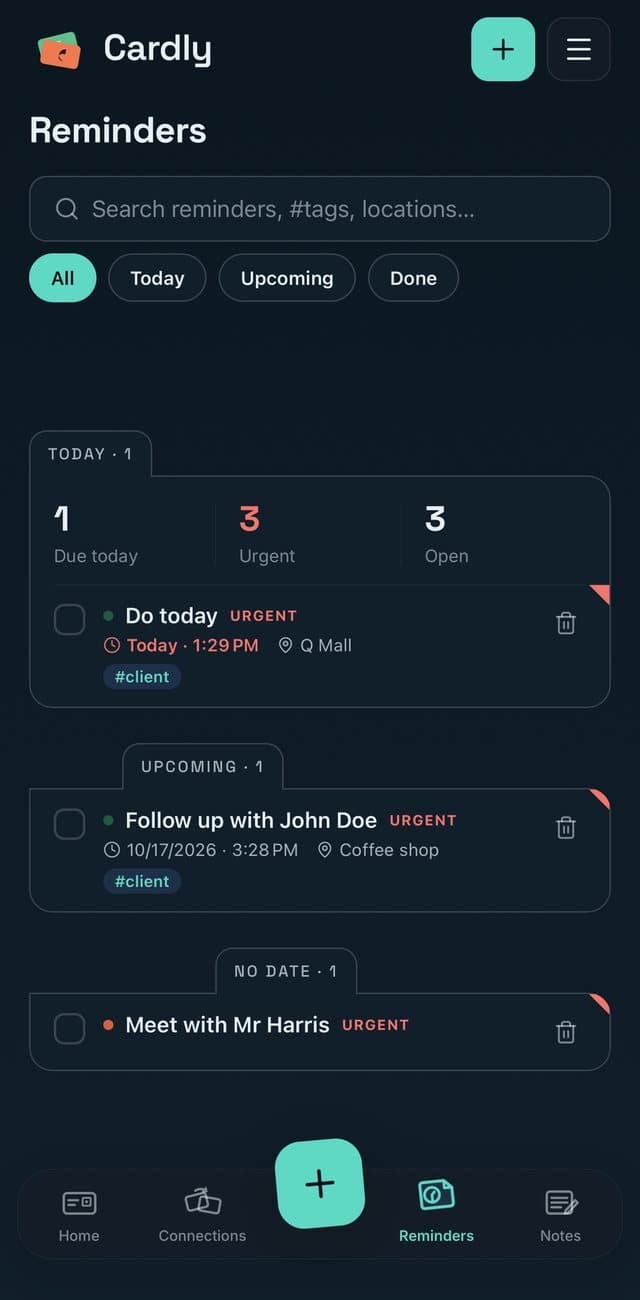 Cardly follow-up reminders